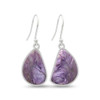 Abstract teardrop-shaped Charoite silver earrings. 