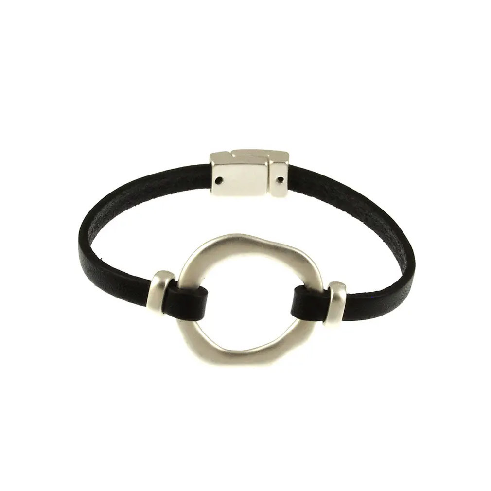 Black leather bracelet with a matte silver ring accent.