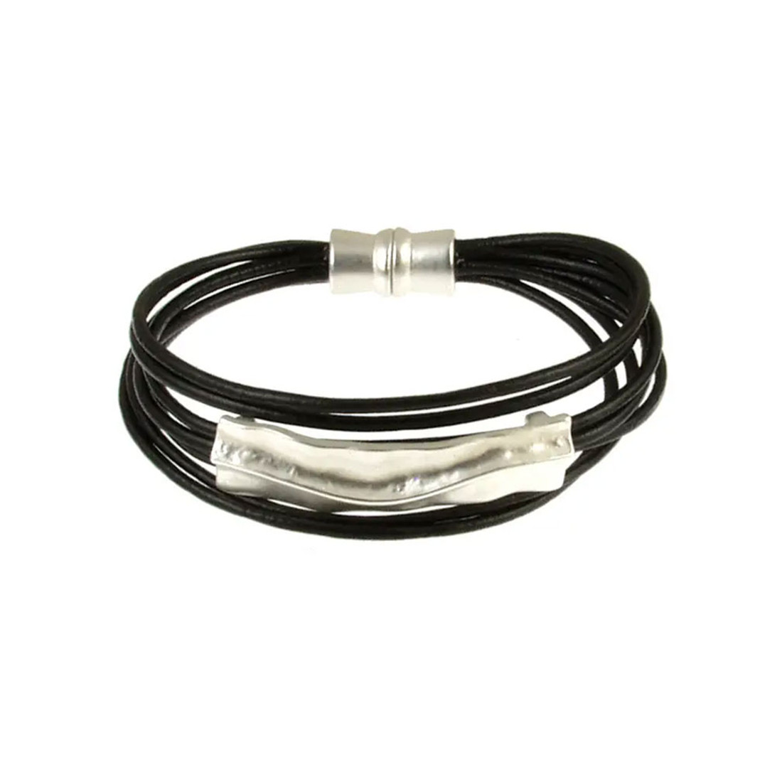 Black leather bracelet with a matte silver hammered bar accent.