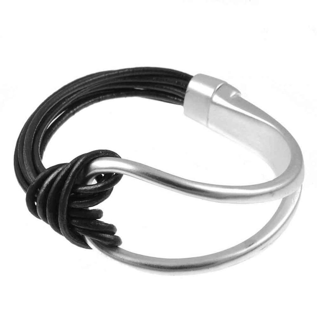 Black leather knot magnetic braclet with matte finish silver loop design. 