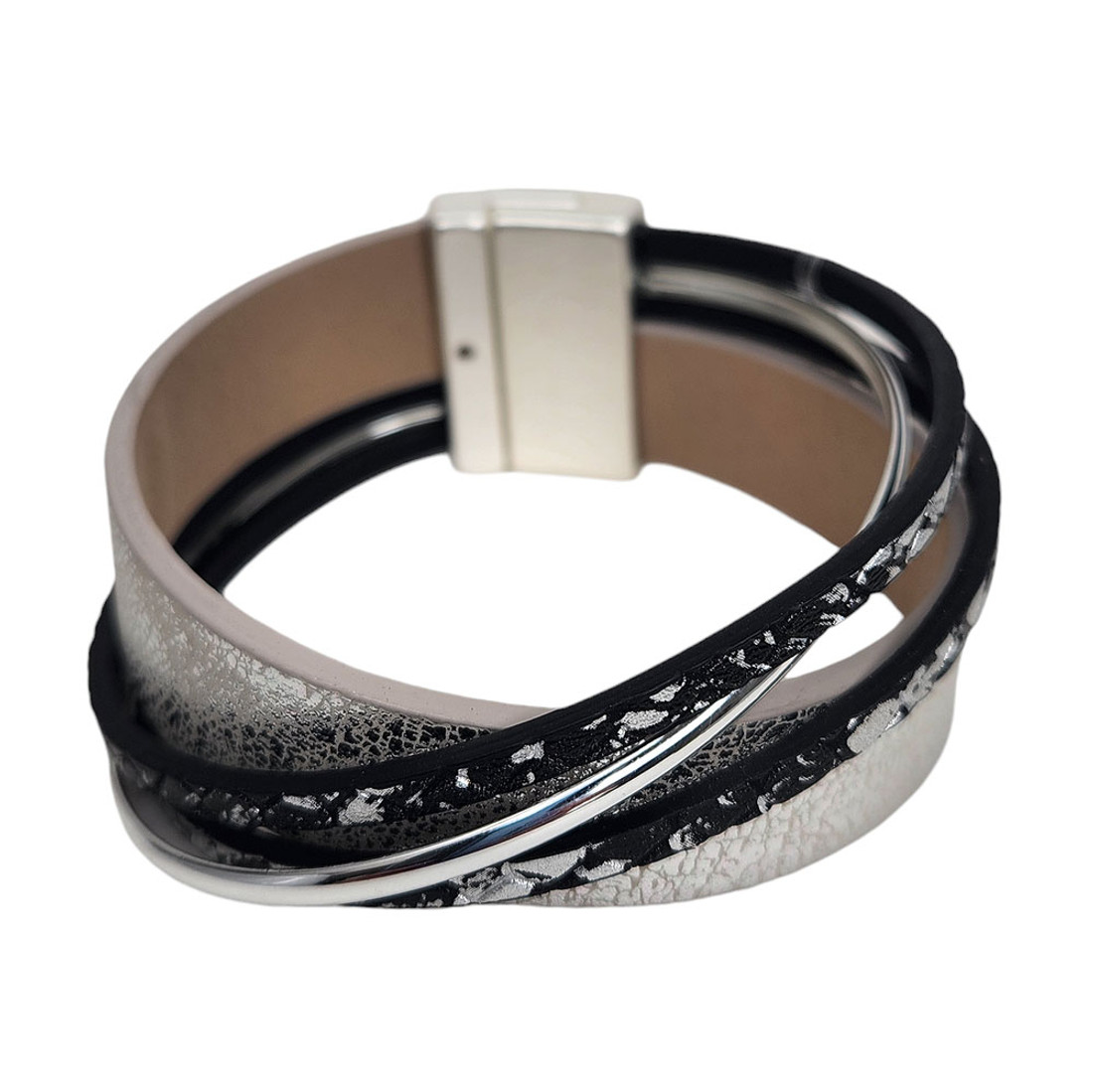 Silver tube and metallic silver snakeskin design magnetic bracelet. 