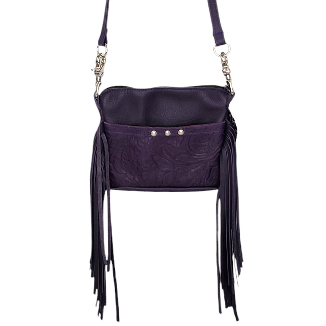 Purple embossed leather fringe purse. 