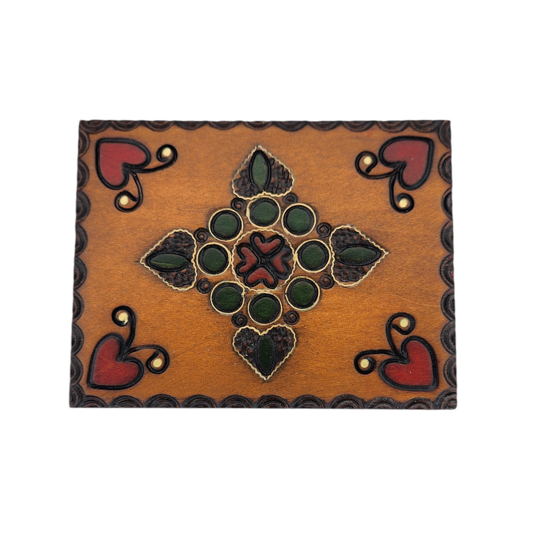 Wooden box with shapes and hearts. 