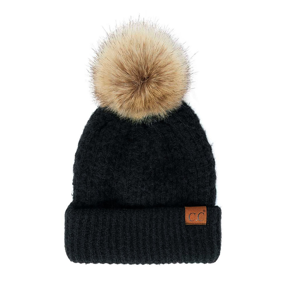 Black knit pompom beanie.