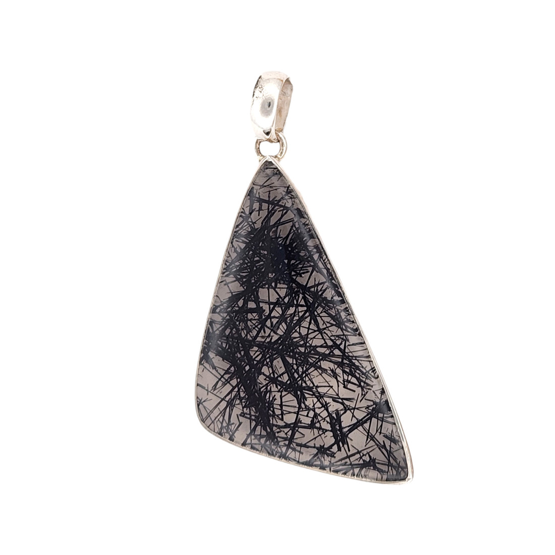 Triangle-shaped black rutilated Quartz sterling silver pendant.