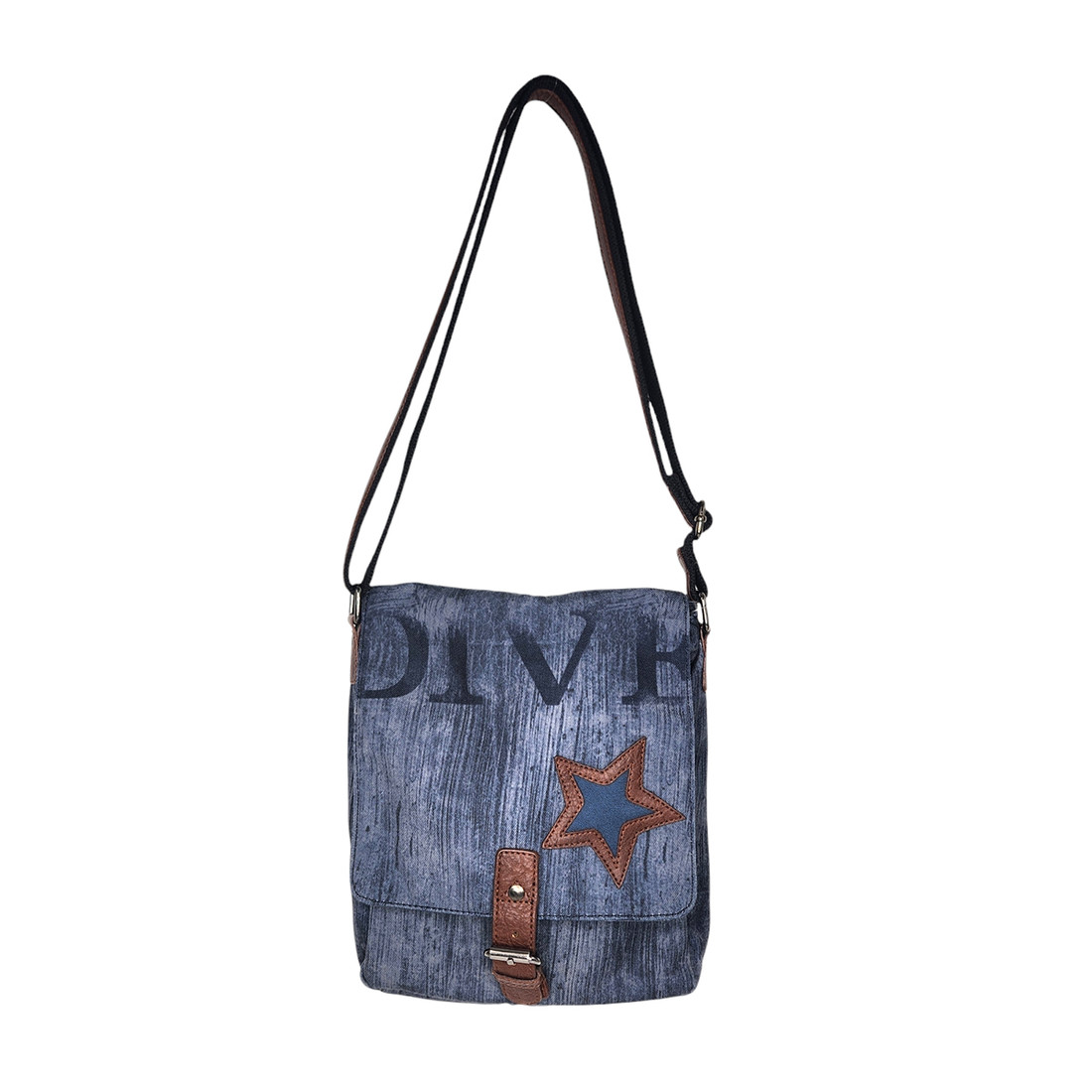 Frontside of blue star canvas leather crossbody bag. 