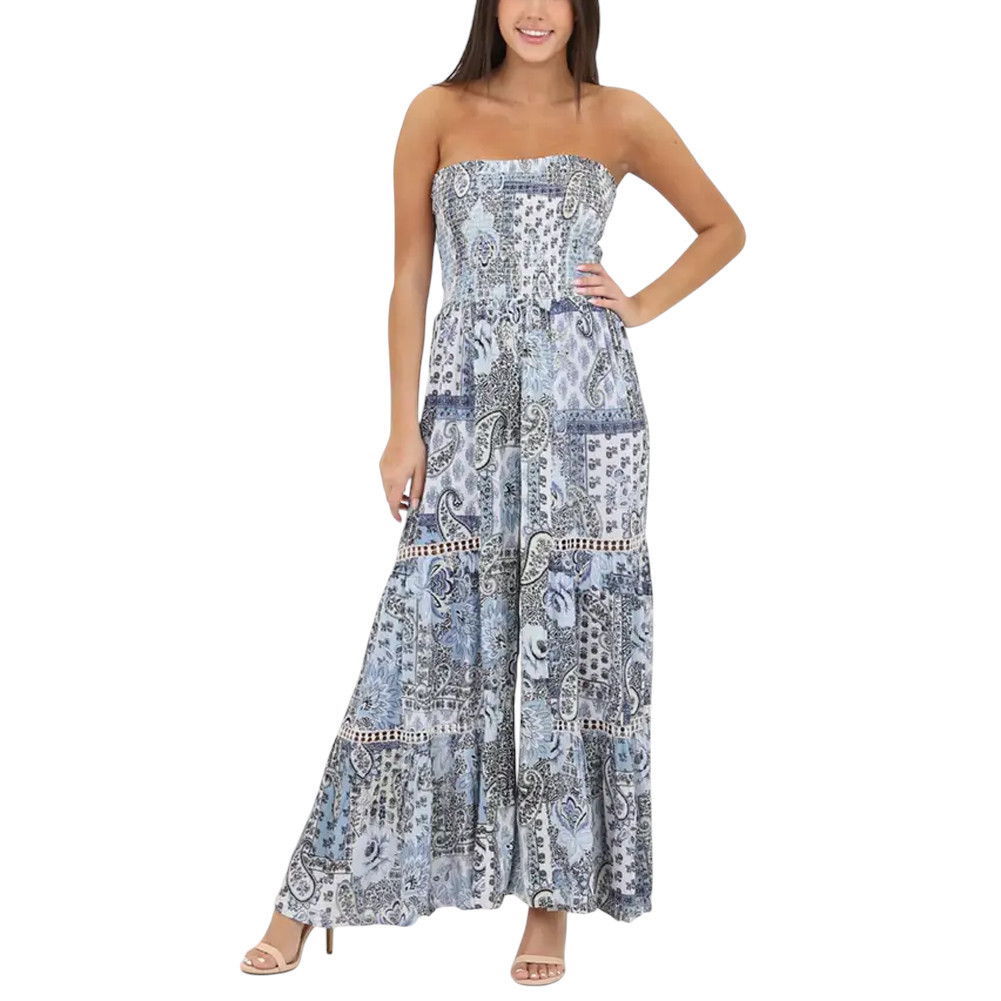 Angie Clothing Paisley Print Smocked Bodice Wide Leg Jumpsuit
