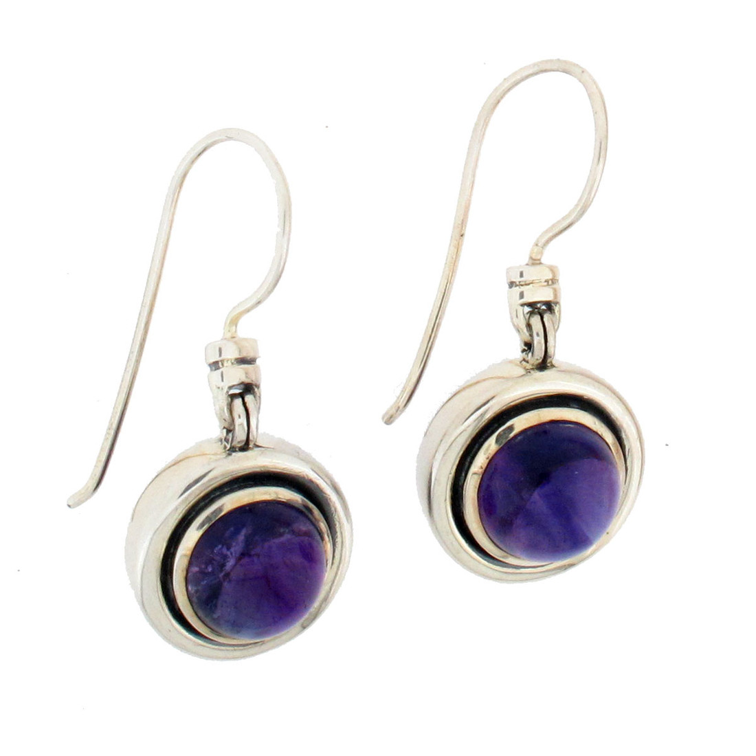 Round purple Amethyst sterling silver dangle earrings. 