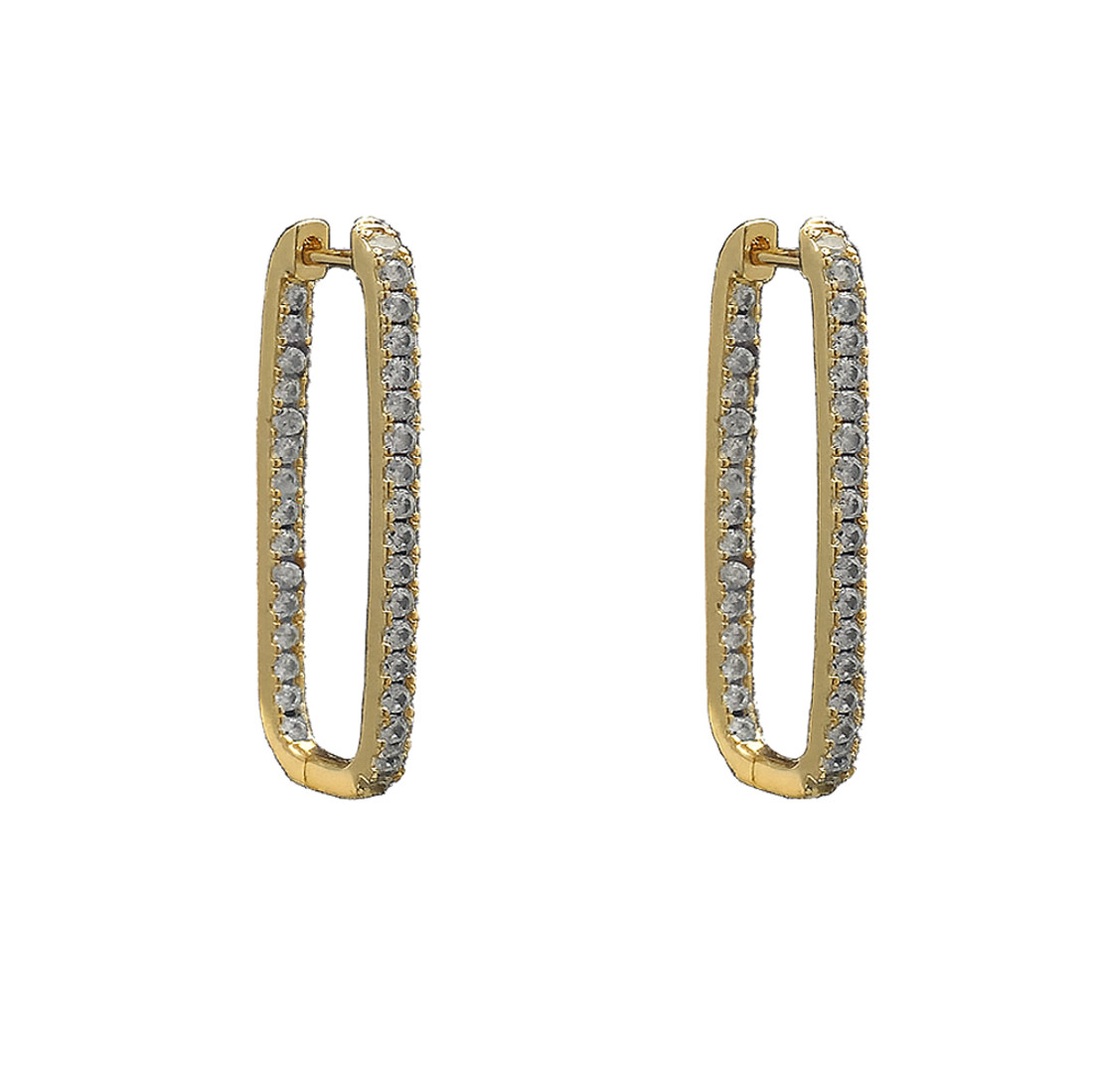 Rectangle 14kt gold-plated hoop earrings with CZ accents. 