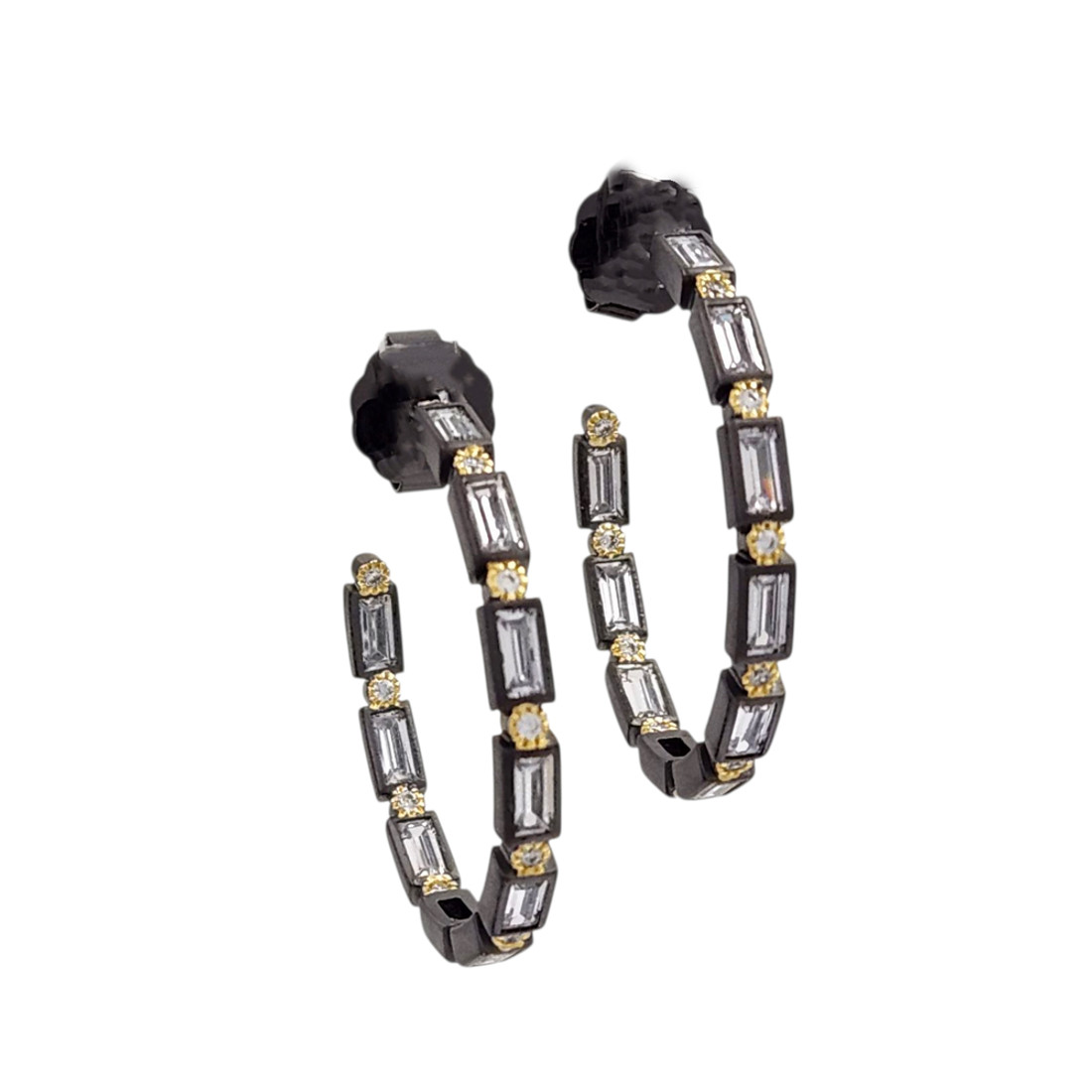 Black and 14kt gold-plated CZ hoop earrings.  Black and 14kt gold-plated CZ hoop earrings.
