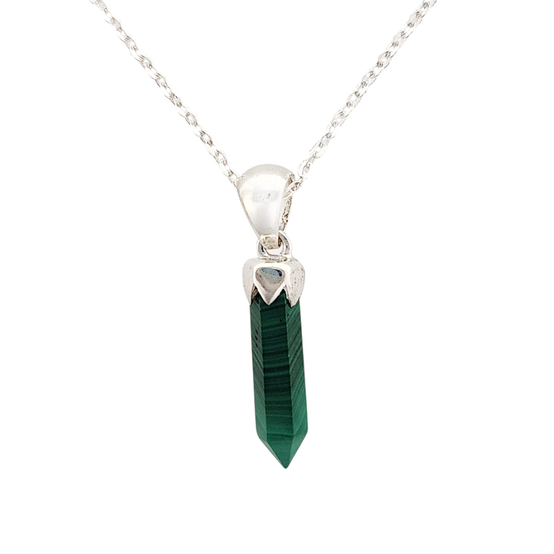 Malachite point pendant necklace.  Malachite point pendant necklace.