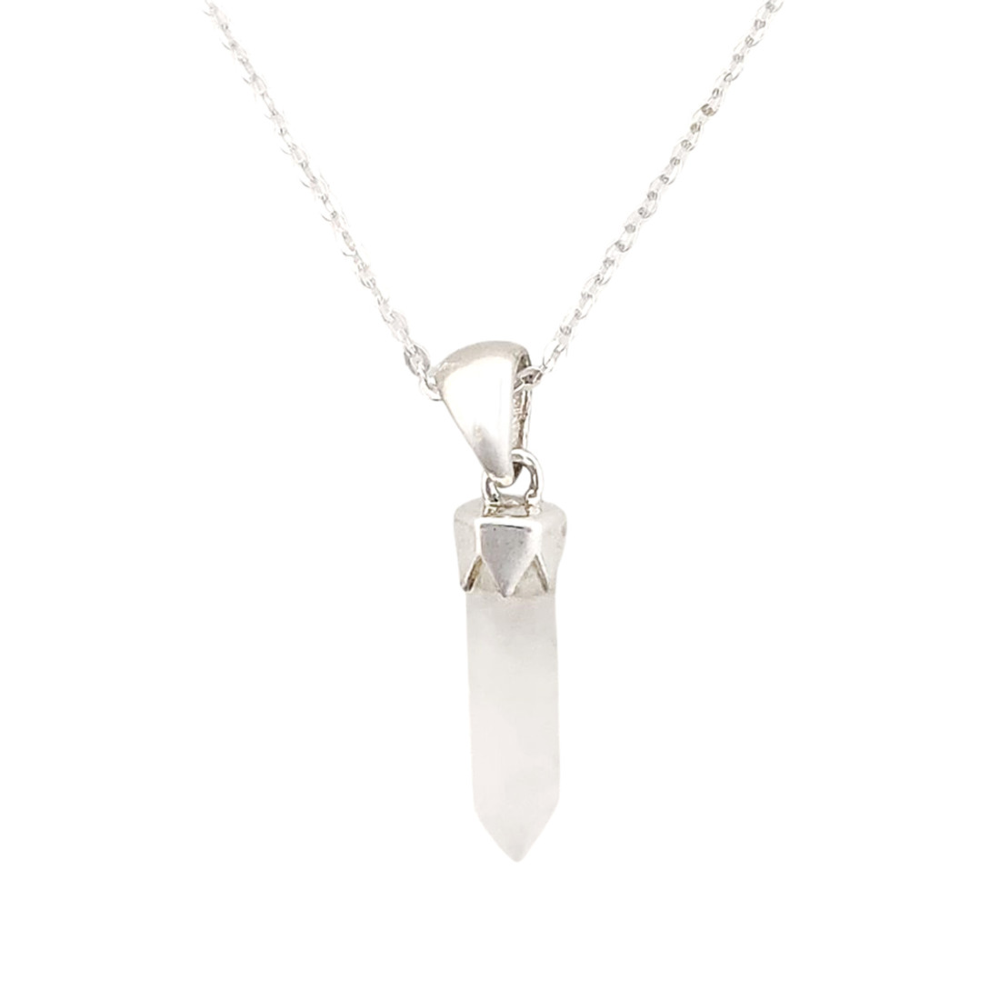 Moonstone crystal point pendant on sterling silver chain.  Moonstone crystal point pendant on sterling silver chain.