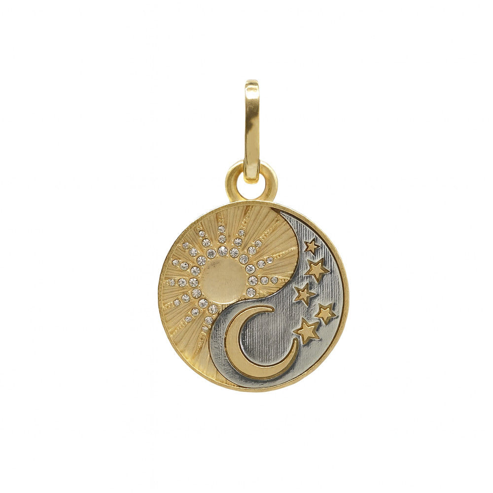 Gold-plated sun & moon disc pendant with CZ stones. 