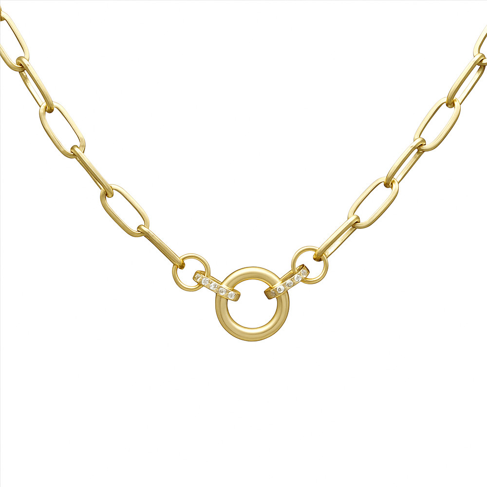 16" Matte Gold-plated Paperclip Chain Necklace with CZ Circle Links