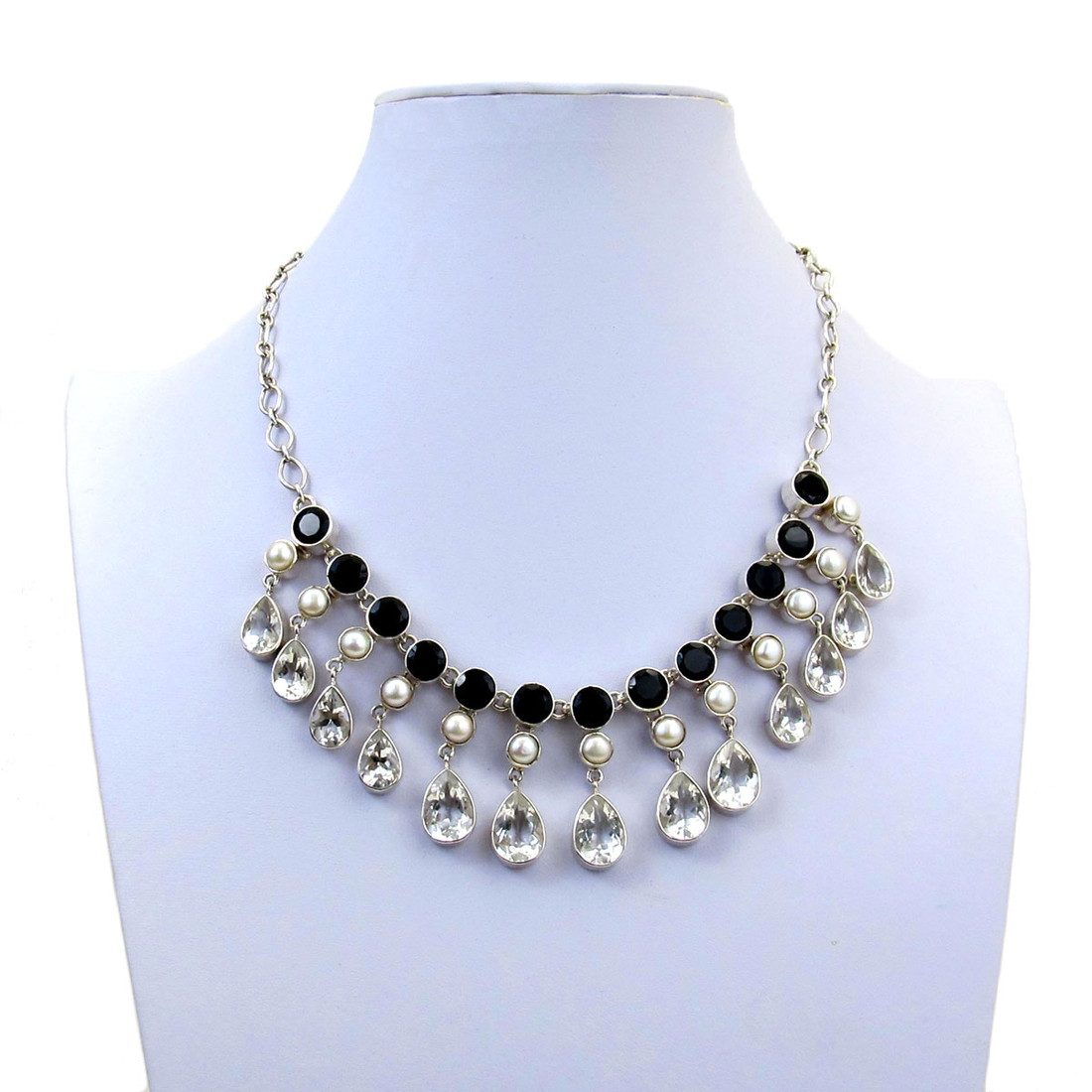 Faceted Onyx, Pearl and Clear Quartz Sterling Silver Necklace