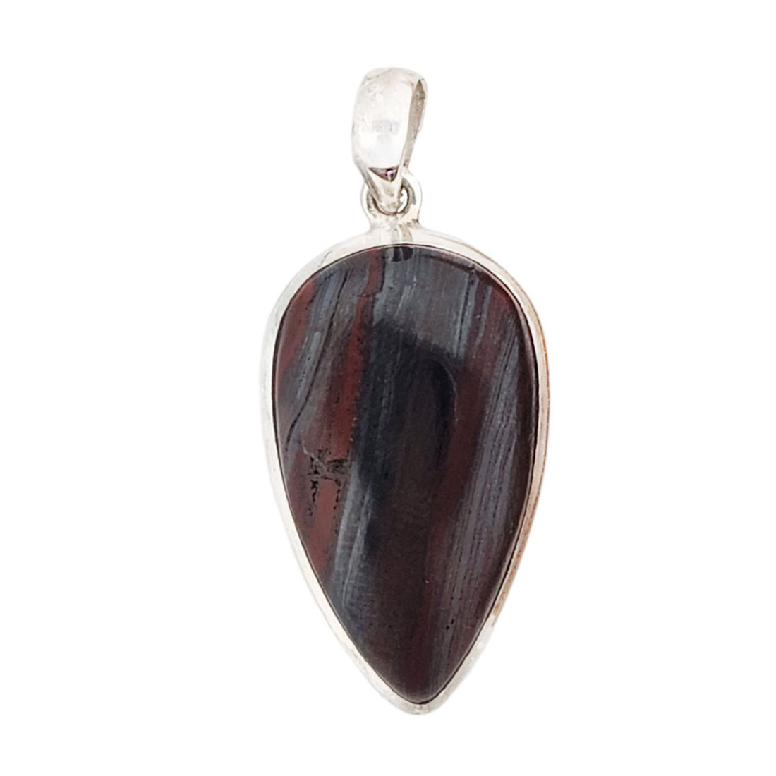 Teardrop-shaped red Tigers Eye sterling silver pendant. 