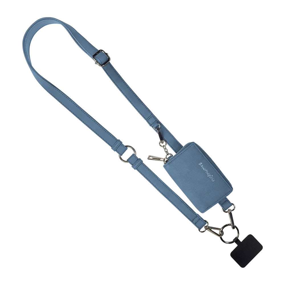 Denim blue vegan leather clip & go crossbody phone holder.