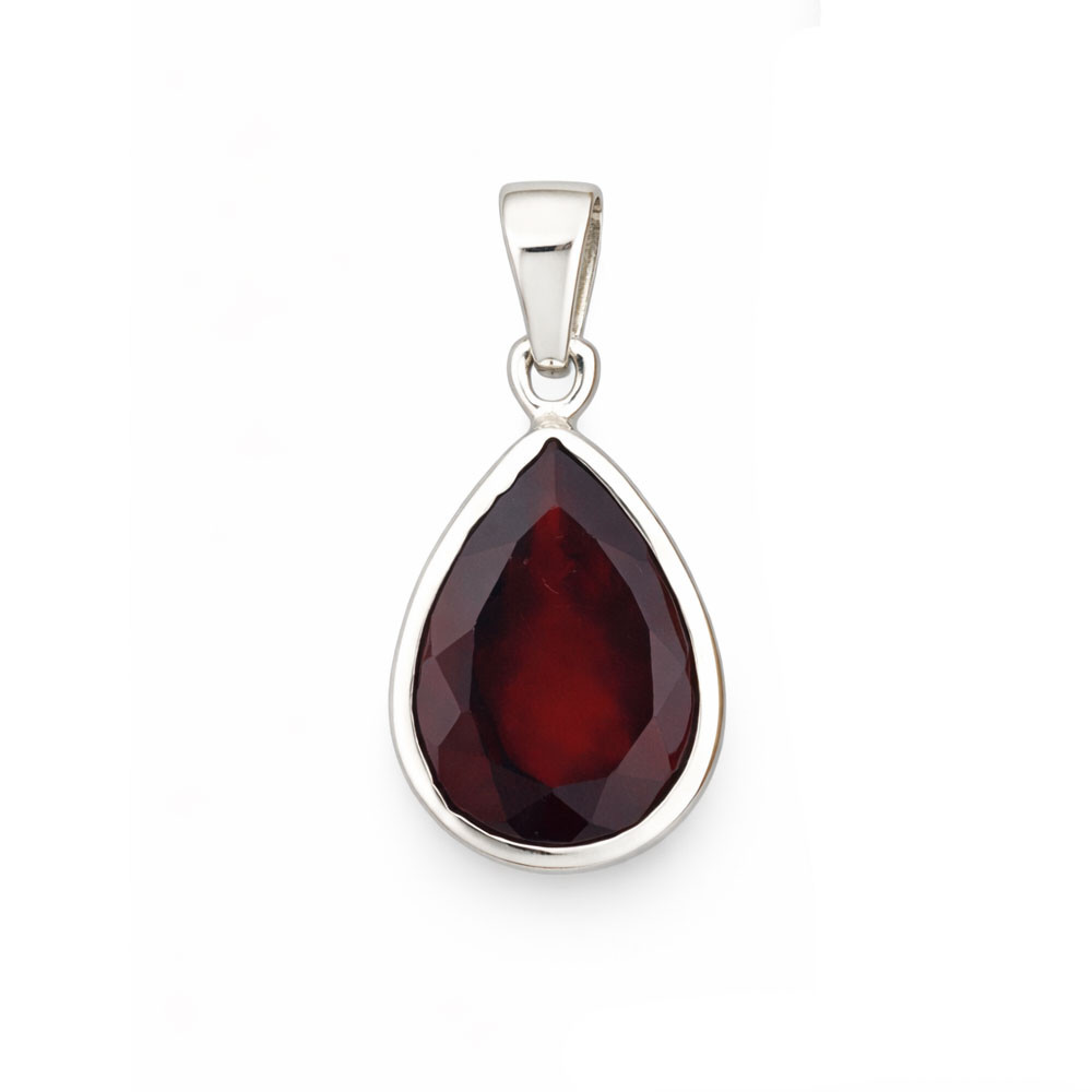 Red Garnet teardrop-shaped sterling silver pendant. 