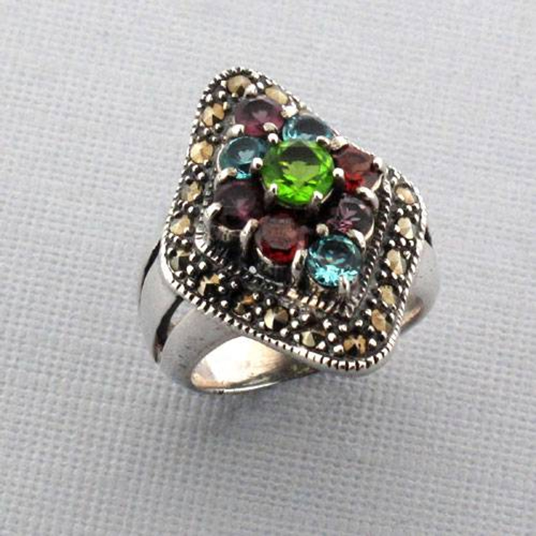 Amethyst Garnet Peridot Marcasite Sterling Silver Ring Cocktail Size 6.5 Jewelry