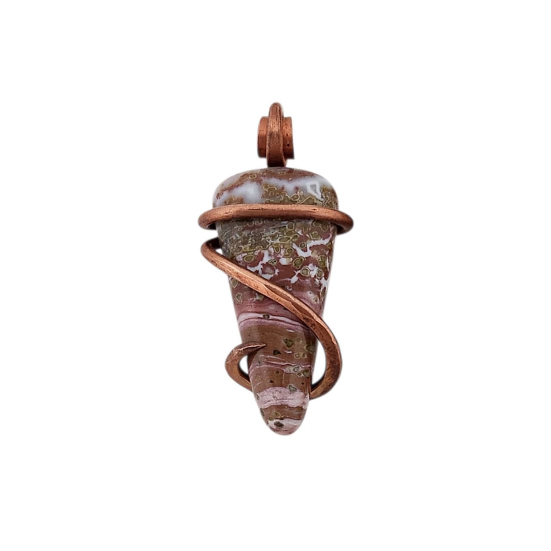 Ocean Jasper stone wrapped in copper wire to make a pendant. 