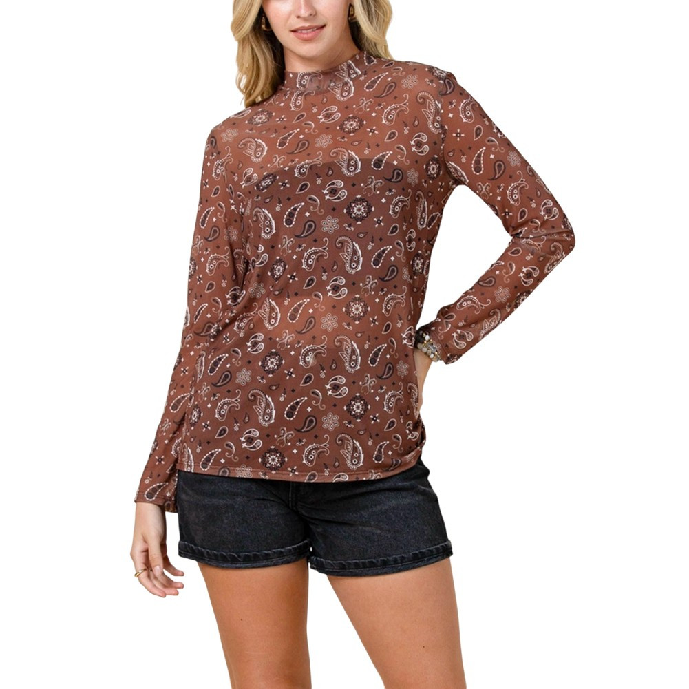 Paisley Bandana Print Long Sleeve Mesh Top