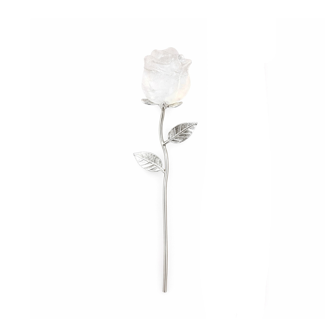 Clear Quartz stone rose on silver stem. 