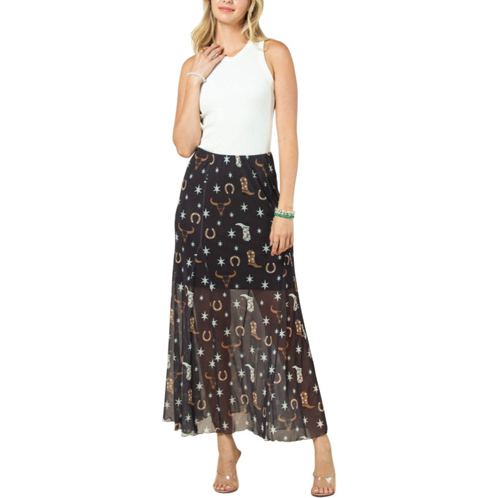 Avery Boots and Horseshoes Western Inspired Print Mesh Maxi Skirt 