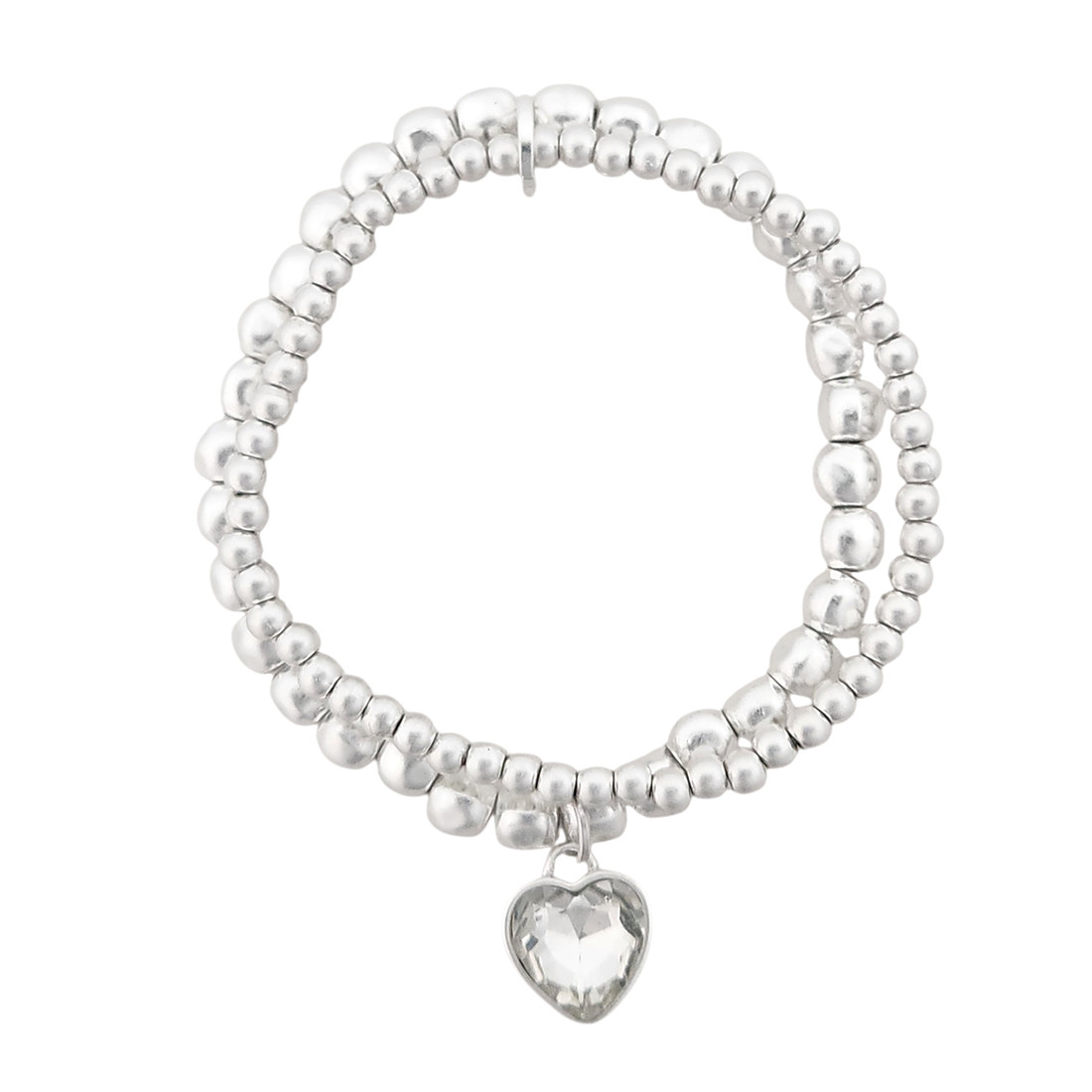 Silver beaded double stretch bracelet with crystal heart charm. 