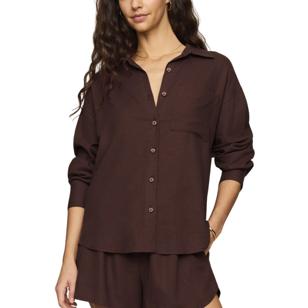 Z Supply Alfie Linen Blend Button Up Shirt - Chocolate Cherry 