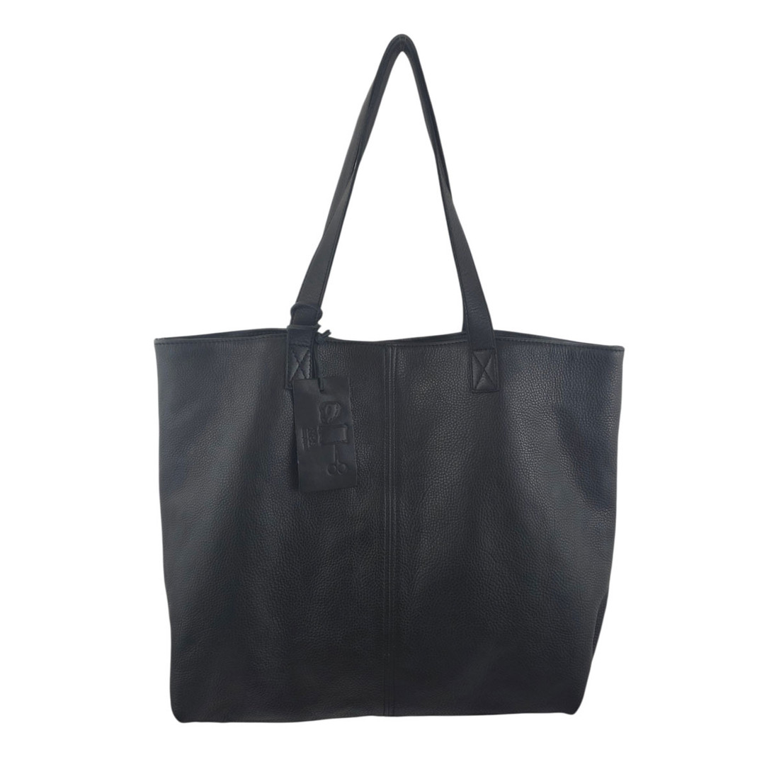 Black leather tote shoulder bag. 