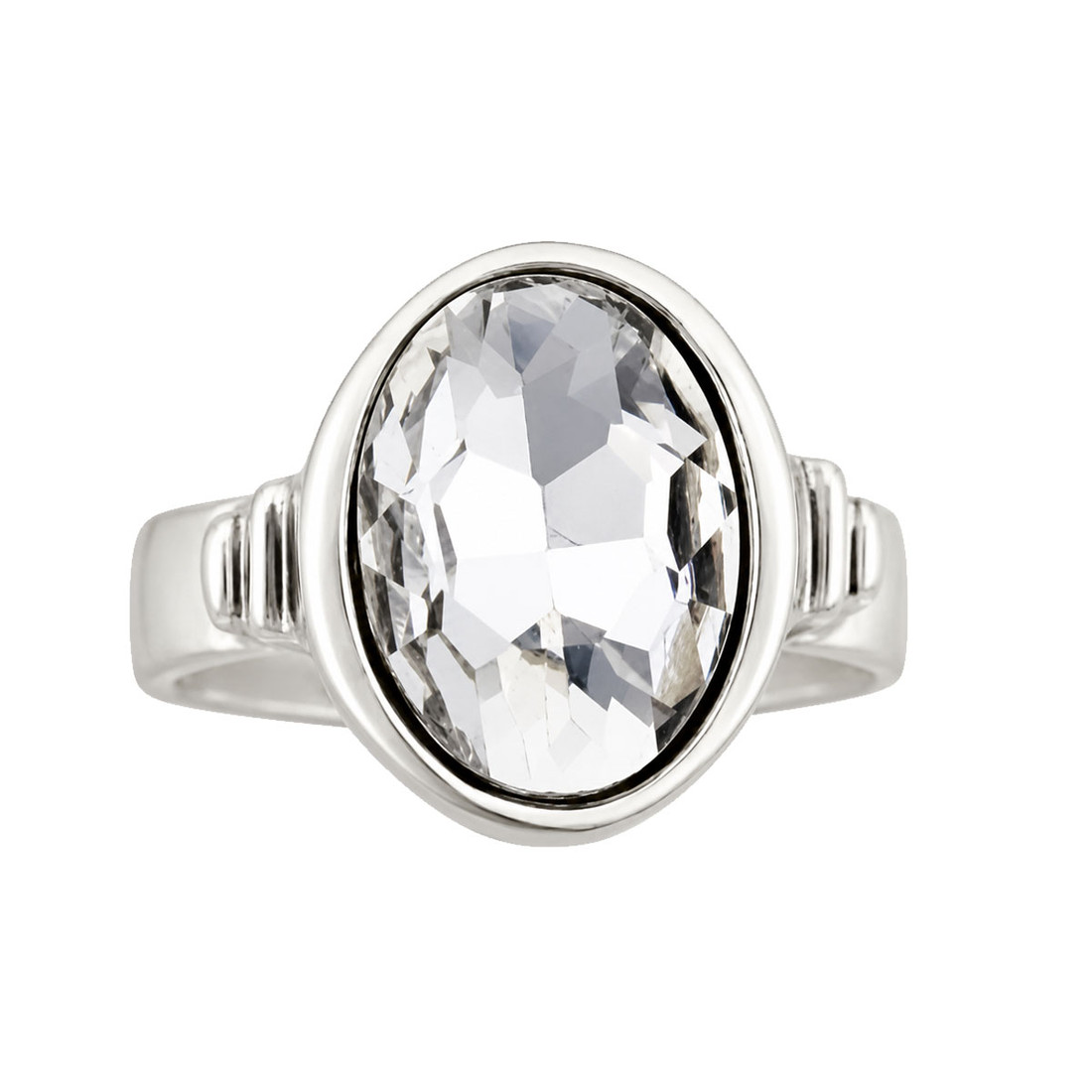 Oval silver-plated adjustable clear crystal ring. 