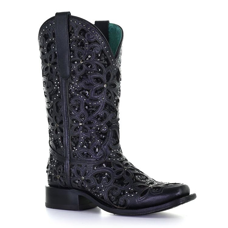Corral black floral inlay and studded snip toe boot. 