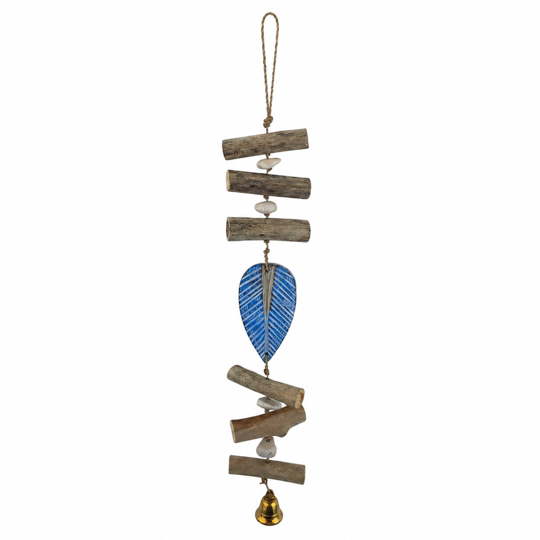 Blue leaf driftwood hanging garland windchime with a bell. 