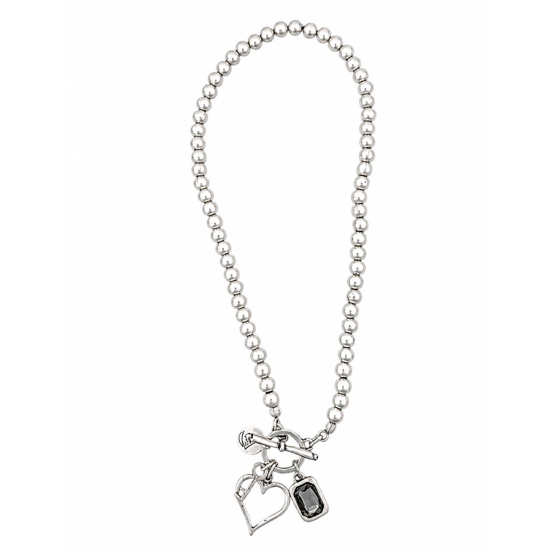 Silver-plated gray Swarovski crystal heart toggle necklace. 