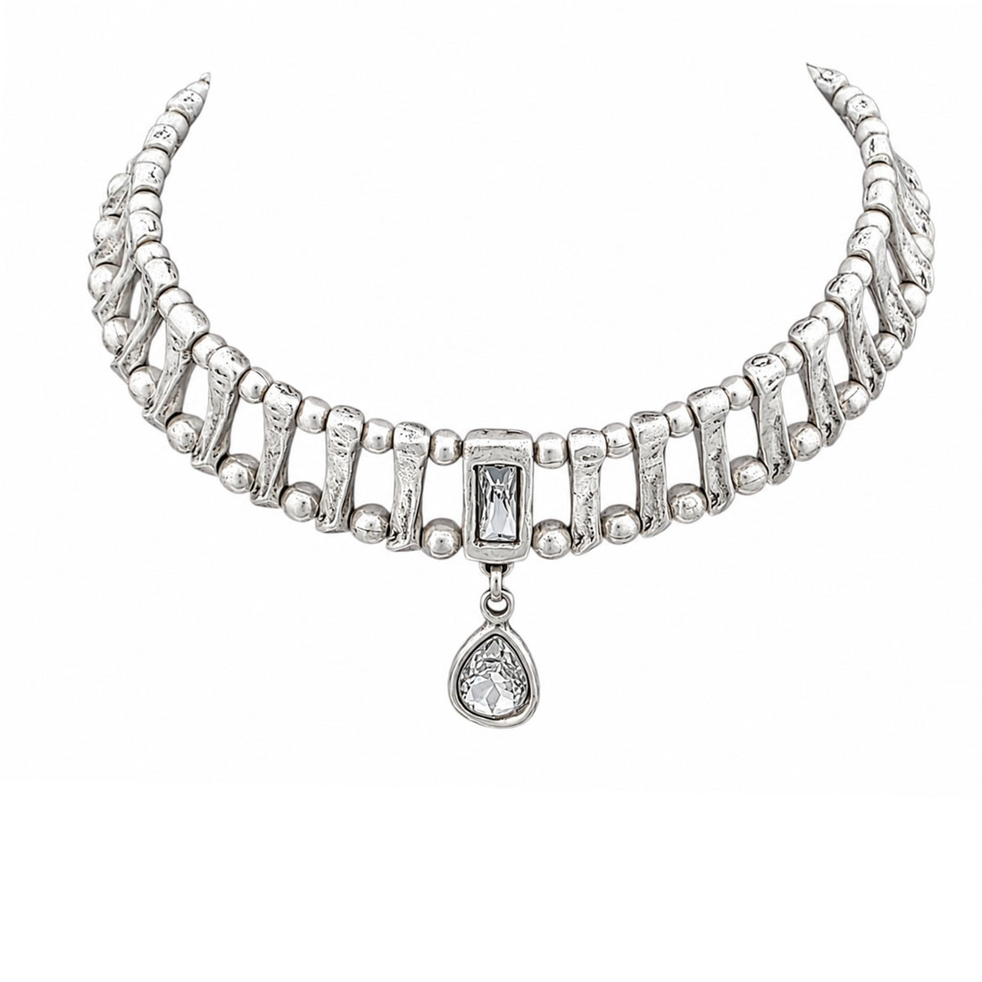 Silver-plated clear Swarovski crystal teardrop choker necklace. 