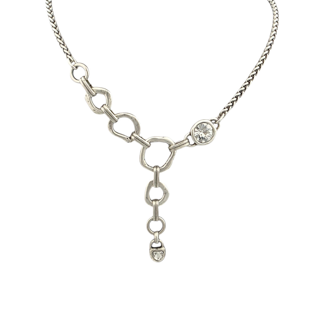 Clear crystal Y necklace with a heart charm. 