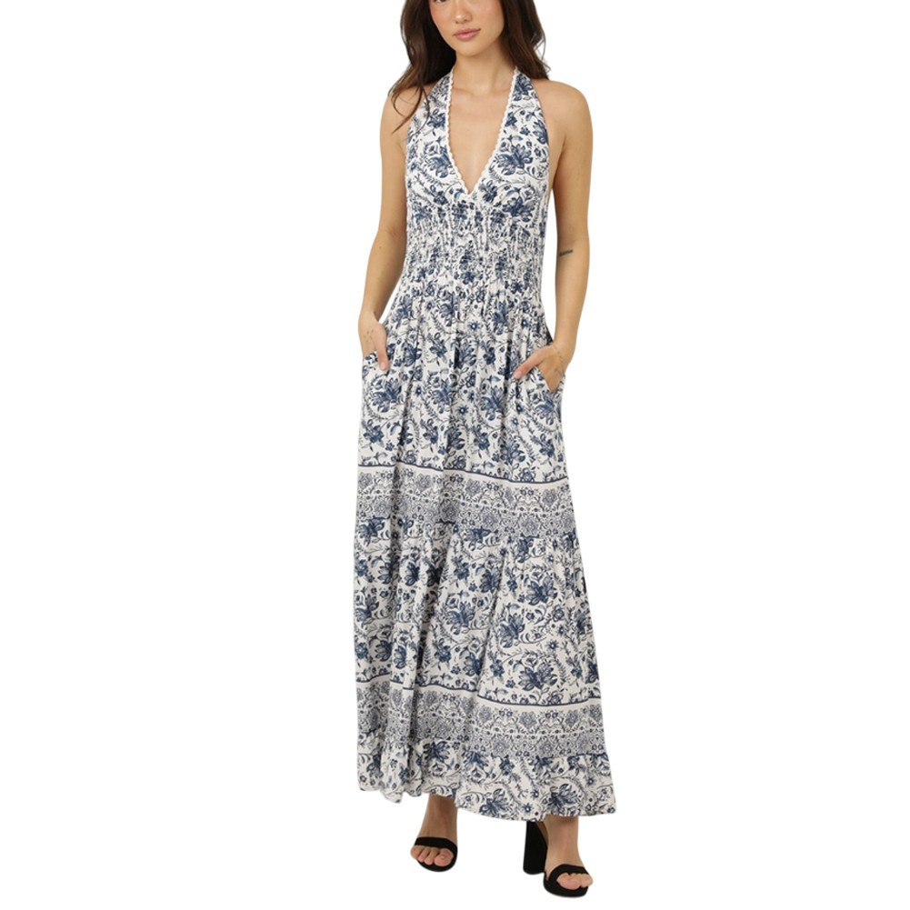 Angie Clothes - V-Neck Halter Tie Floral Print Maxi Dress