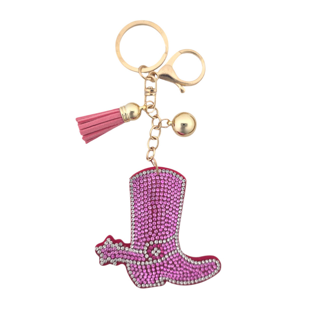 Pink rhinestone cowboy boot keychain. 