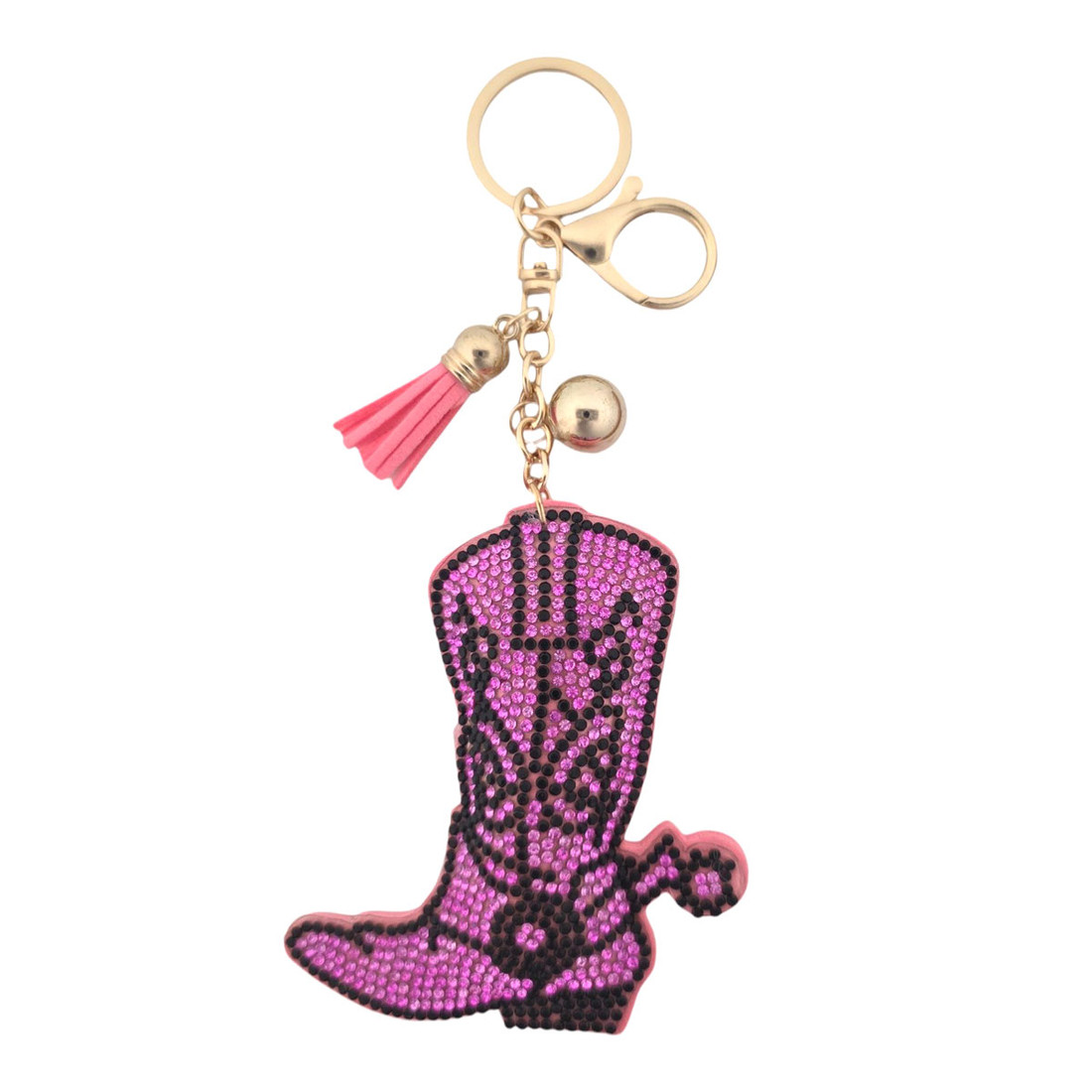 Pink and black rhinestone cowboy boot keychain. 