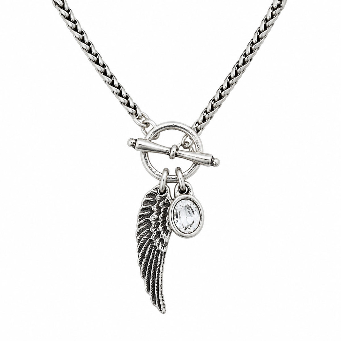 Silver-plated wing and clear crystal charm toggle necklace. 