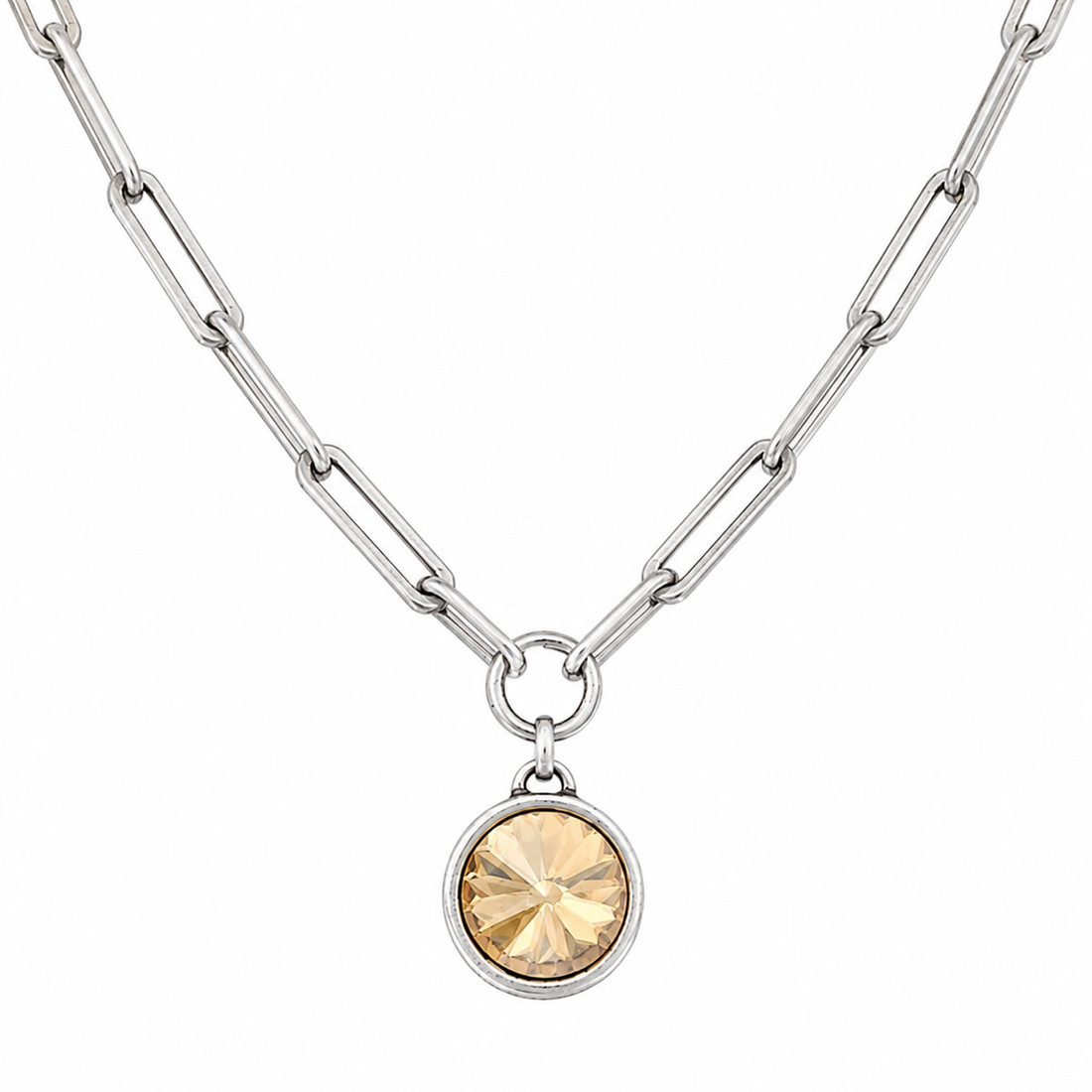 Golden champagne crystal paper clip necklace. 