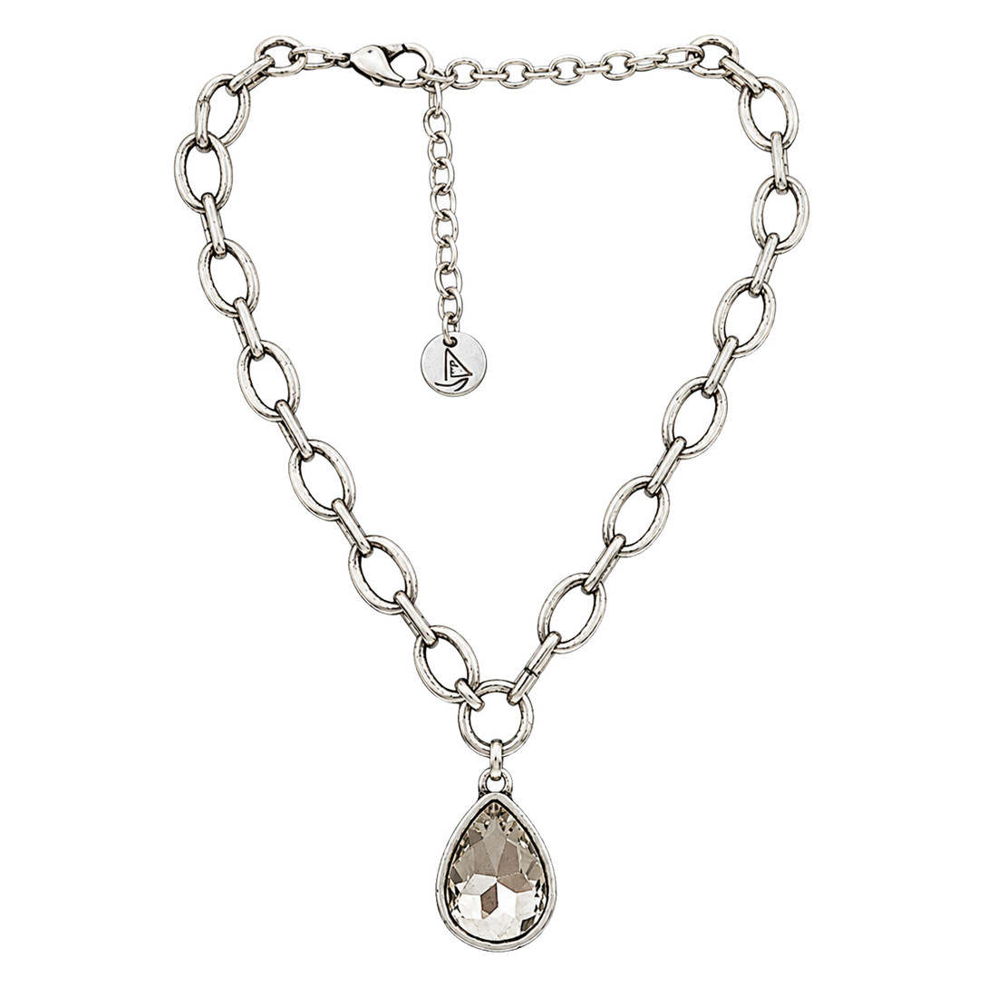 Large teardrop crystal silver-plated necklace. 
