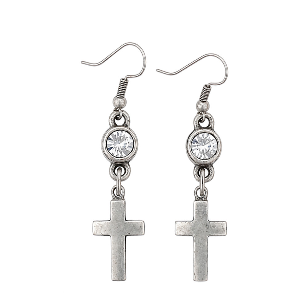 Cross with clear crystal dangle earrings. 