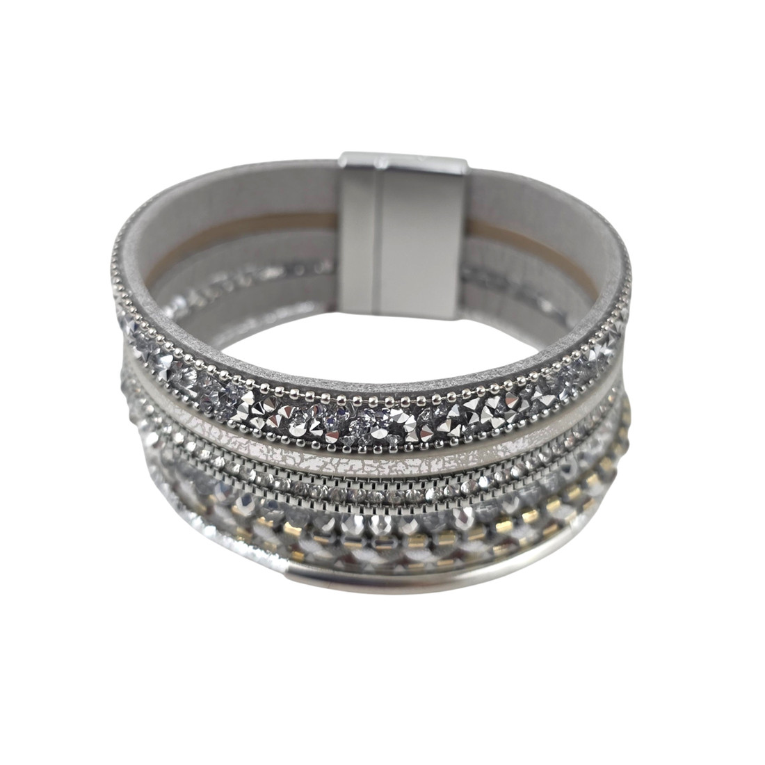 Silver gray rhinestone glitter faux leather magnetic bracelet. 