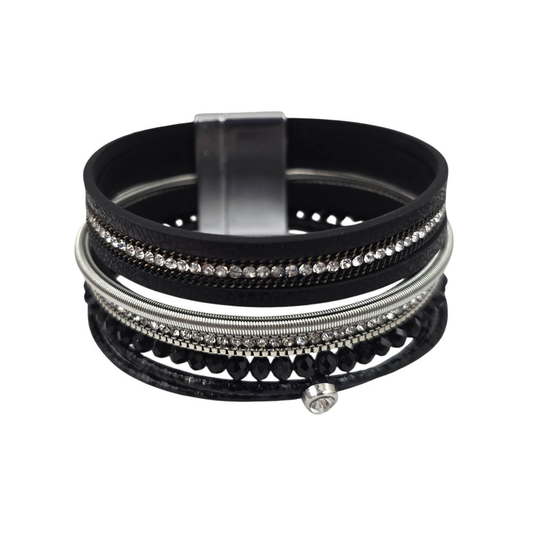 Black multi-strand beaded faux leather magnetic bracelet. 