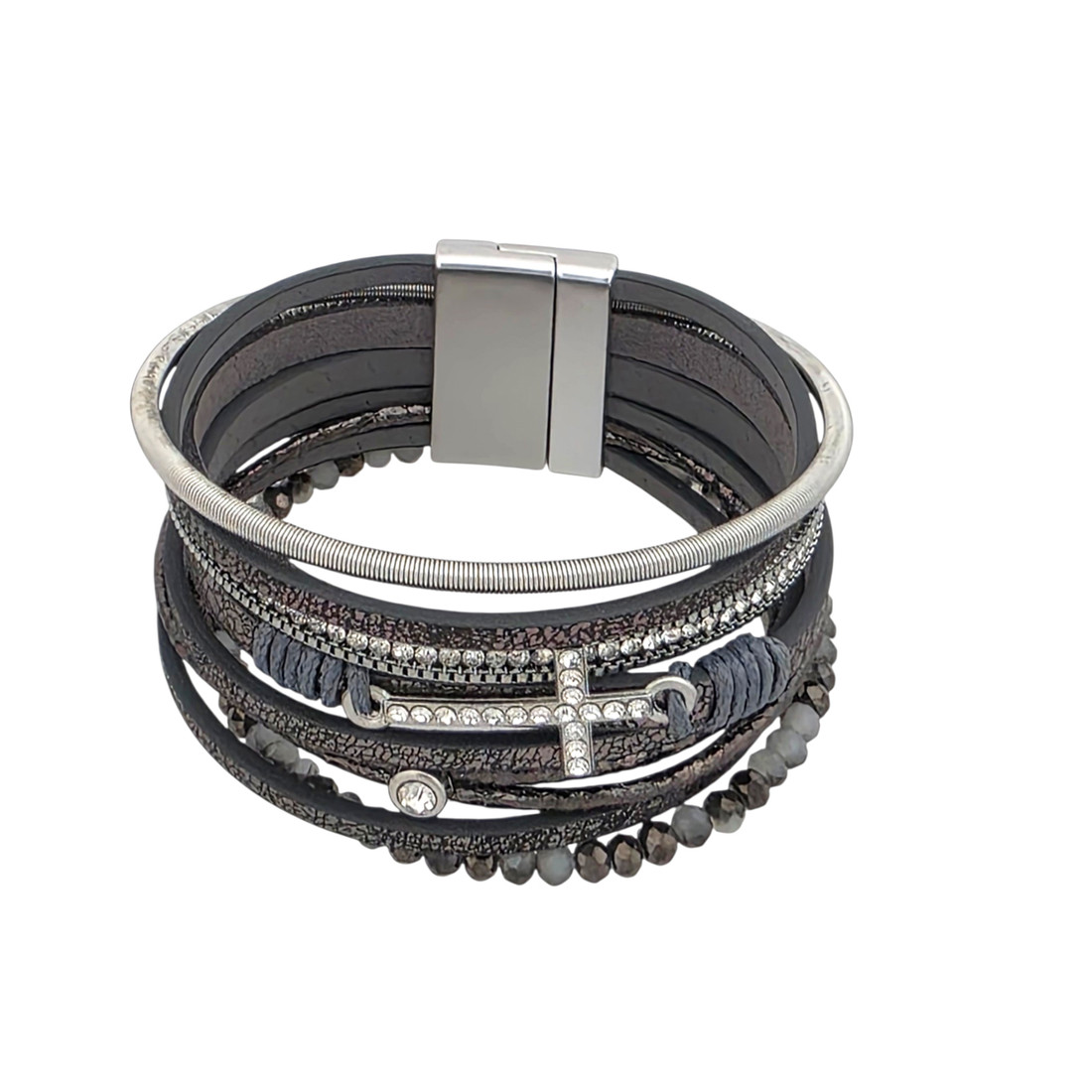 Gray faux leather rhinestone cross magnetic bracelet. 
