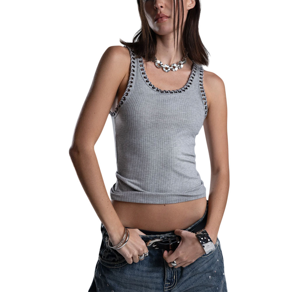 Miss Me - Corded Eyelet Trim Neckline Ribbed Knit Tank Top