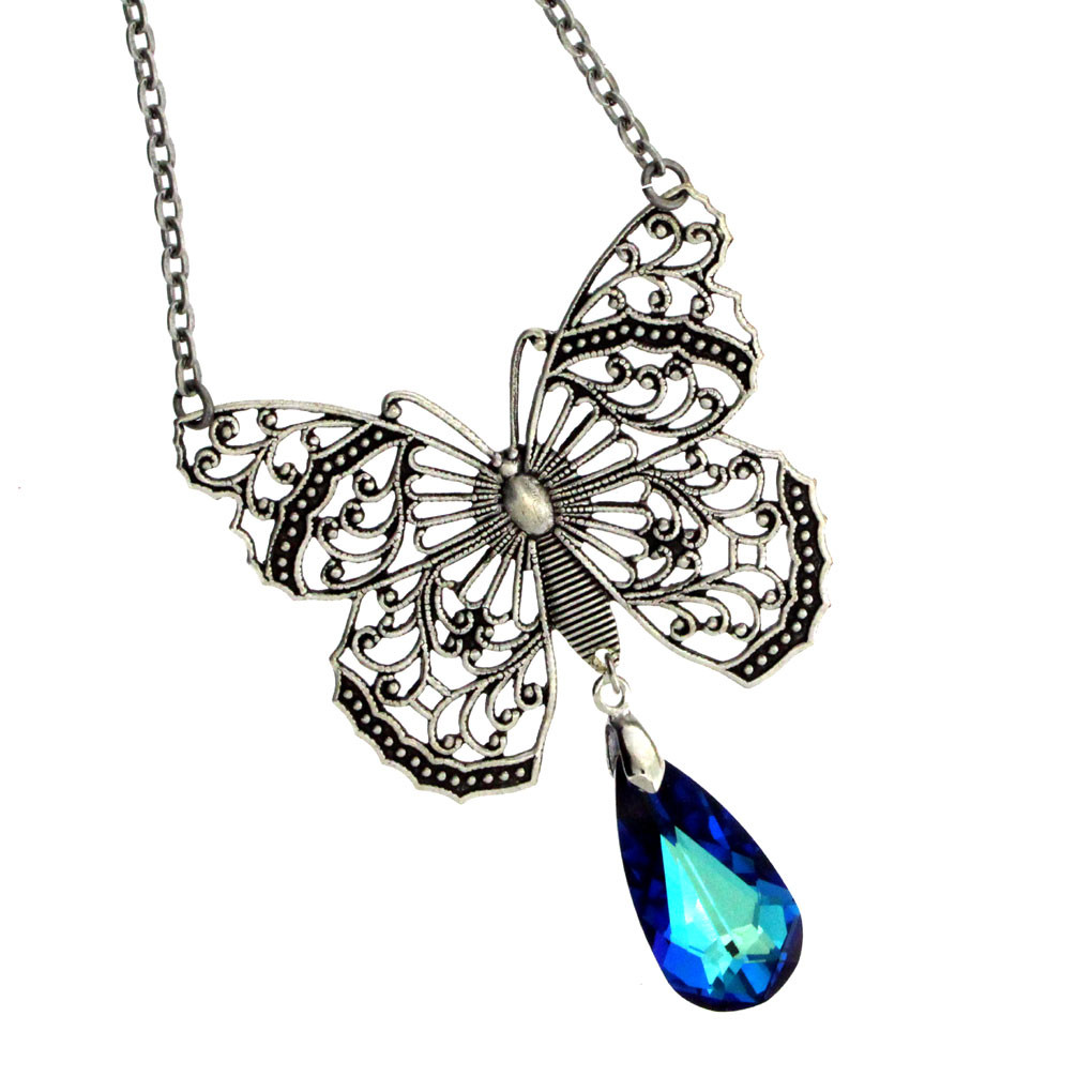 Antiqued silver plated butterfly necklace.