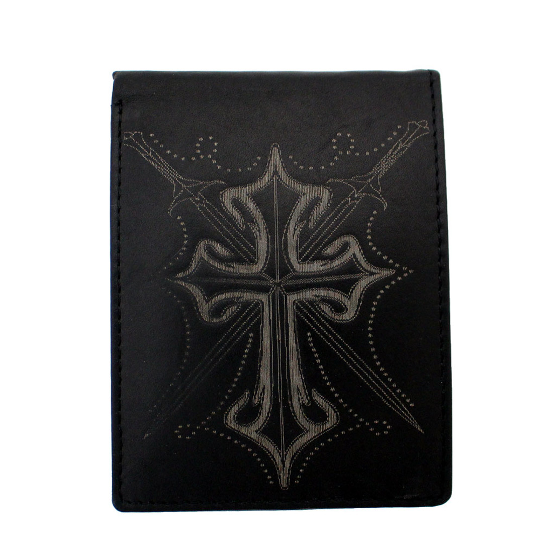 Black leather wallet with cross.