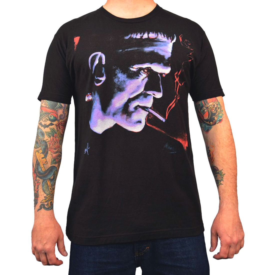 Franky by Mike Bell Men's Black Tee Shirt Tattoo Art Frankenstein Monster